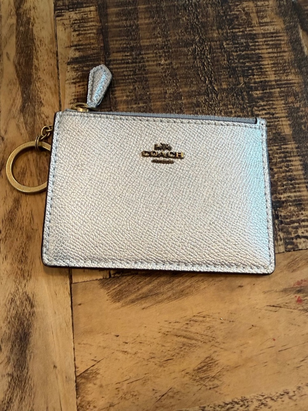 Coach Metallic Silver Crossgrain Leather Mini Skinny ID Case with key ring